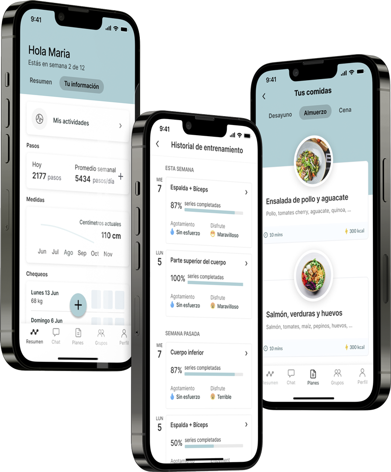 Un mockup de la app de coaching mostrando las funciones.
